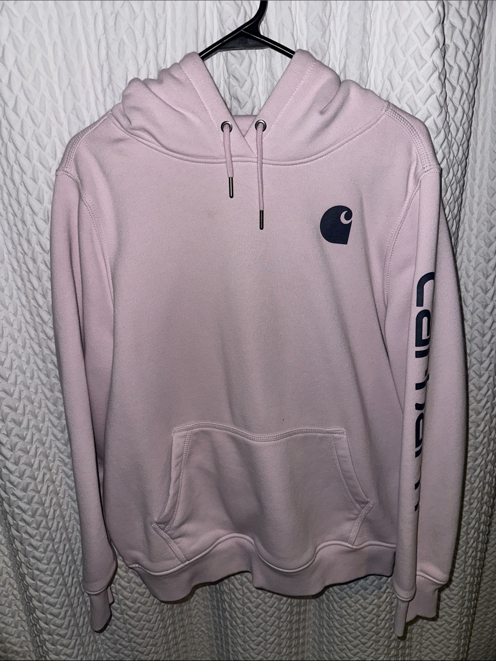 Carhartt Woman’s Light Pink Crewneck Hoodie with Navy Logo